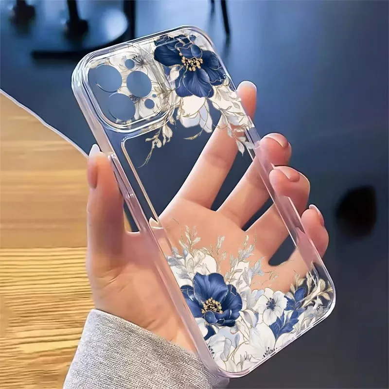 Elegant Blue and White Floral Design Clear Phone Case - Soft TPU Cover