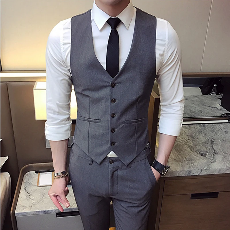 Fashion Single Breasted Suit Vests for Men Grey Black High-end Male Waistcoat Slim Fit Formal Business Casual Vest Plus Size 7XL 2