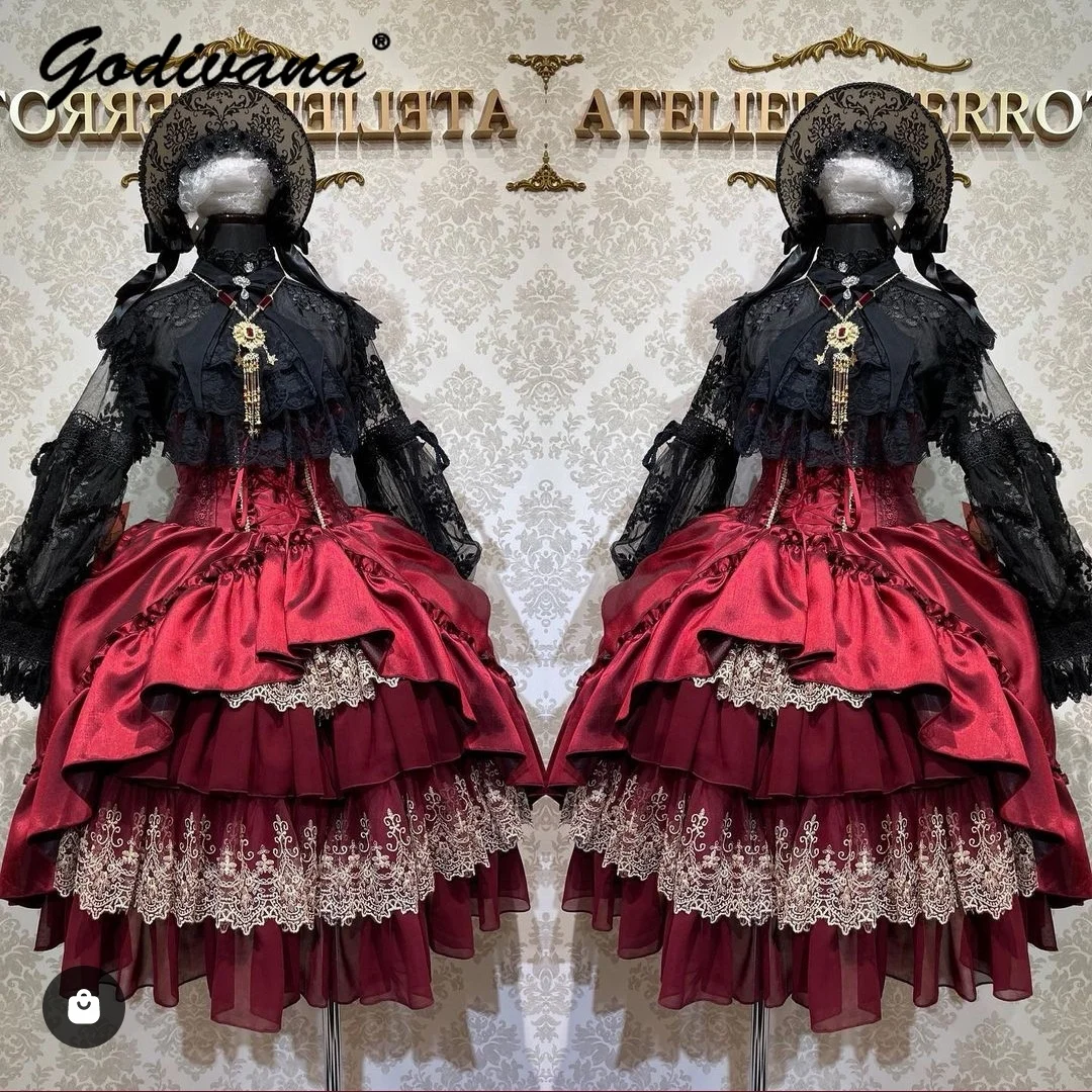 

Japanese Heavy Work Lace Cake Lolita Dress Women's High Waist Multi Layer Ruffled Lace Vintage Princess Long Skirt