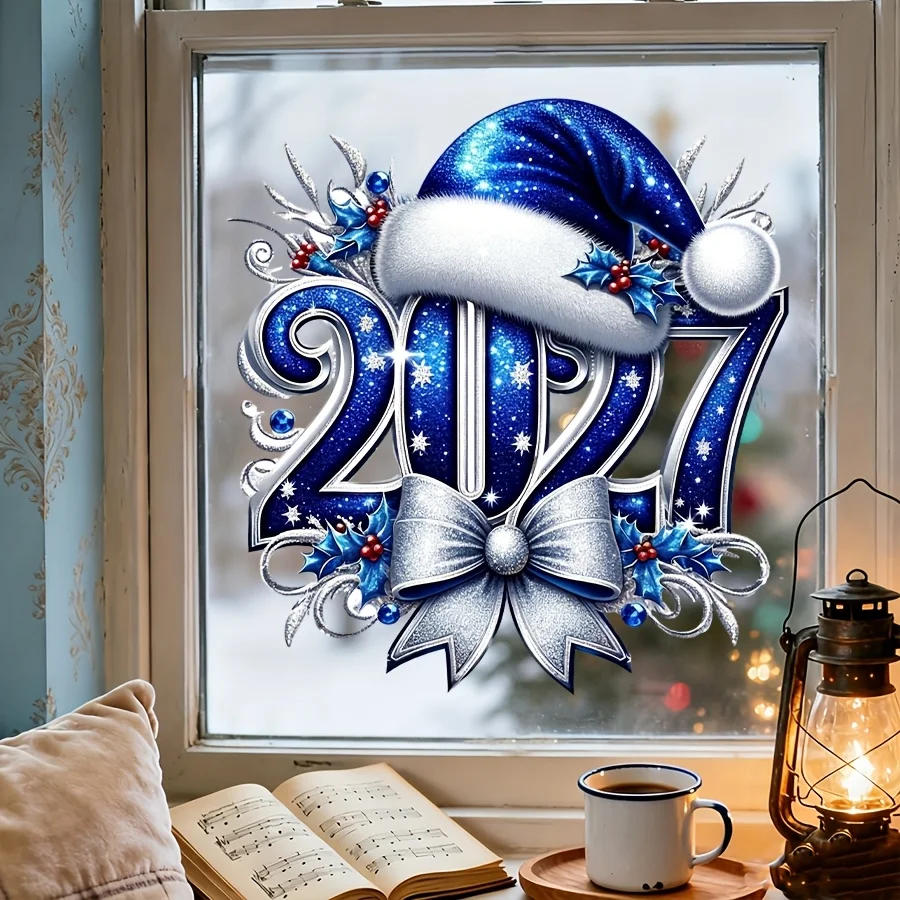 2027 Christmas Window Clings | Blue Santa Hat Glass Decal 2027 Christmas Window Clings