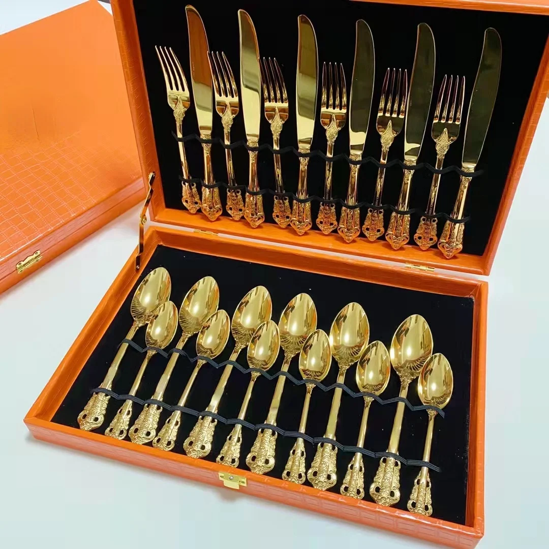 

New European Style Travel Cutlery Set, 24PCS/Set, Delicate Kitchen Accessories, Stainless Steel Tableware, Spoons and Forks Set