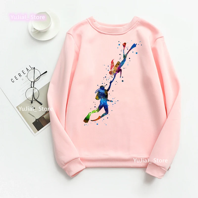 2023 Watercolor Scuba Diving Lover Printed Sweatshirt Women'S Clothing Sport Art Funny Hoodies Femme Harajuku Tracksuit Jumper new men s t shirt set 3d fierce lion printed tracksuit t shirt shorts suit men s sportswear t shirt top summer set men clothing