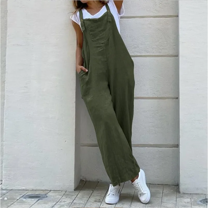 2023 Autumn Linen Oversize Women's Long Rompers Black Pockets Wide-Leg Loose Slip Rompers Female New Casual Trendy Lady Clothes