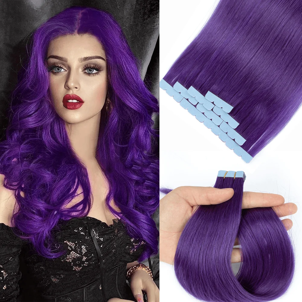Lavender purple Mini Tape In Human Hair Extensions 12-24 inches Micro Tape Hair  Seamless Adhesive Hair Pieces For Cosplay