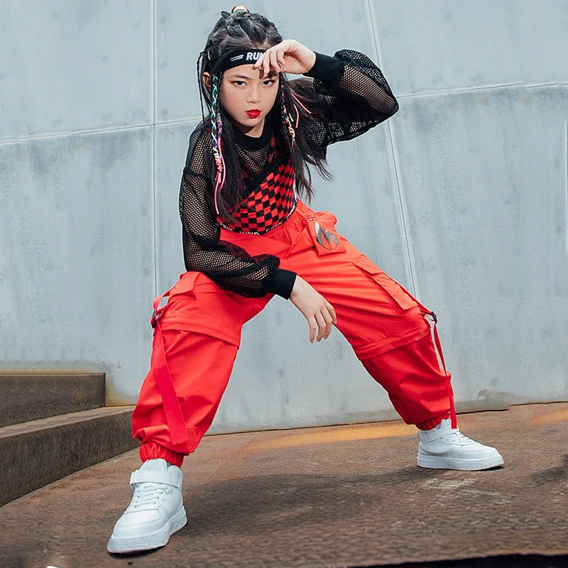 Red Lattice Vest Loose Cargo Pants Net Tops For Girls Clothes Jazz Show Stage Outfit Kids Hip Hop Street Dance Costume girl dance costume children costumes