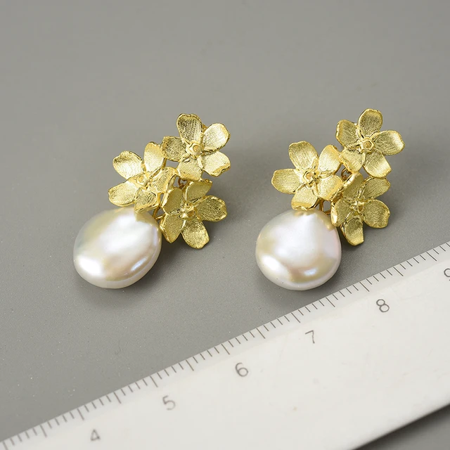 Baroque Pearl Forget-me-not Flower Silver Dangle Earrings - Image 5