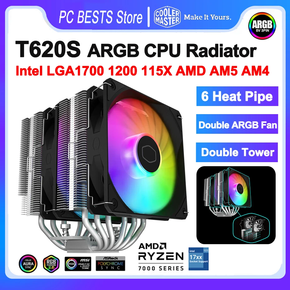 

Cooler Master T620S Air-cooled Radiator Double Tower 6 Heat Pipe CPU Cooler Double ARGB Cooling Fan LGA1700 1200 115X AM4 AM5