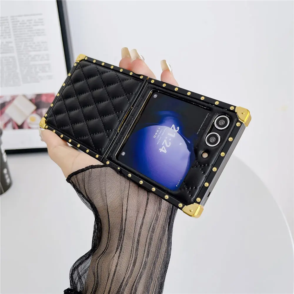 Coque de placage en cuir PU avec grille 3D, étui carré antichoc pour Samsung Galaxy Z Flip 5 Zflip 4 3_voghion.com