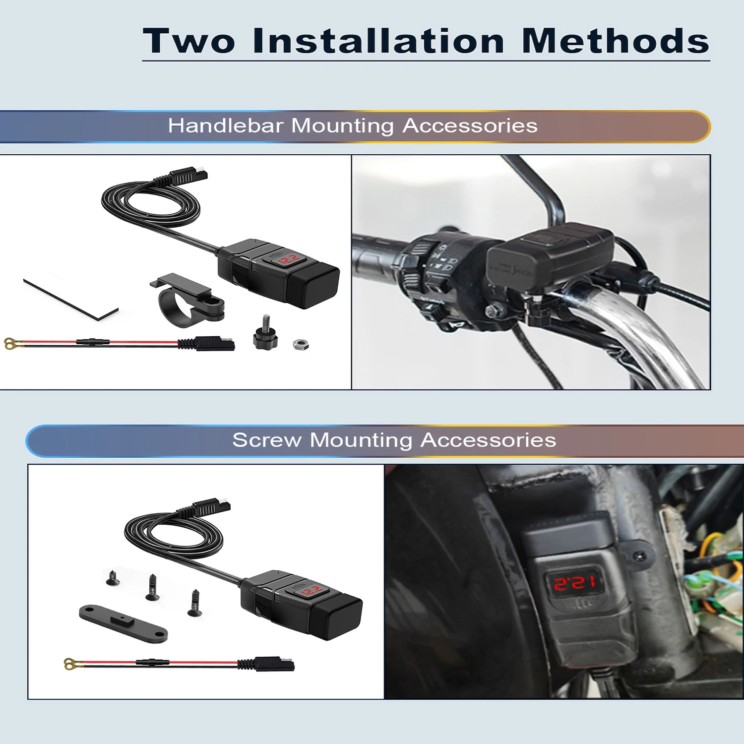 12V-24V Motorcycle USB Charger Socket - Dual Port, Rainproof, For Phones & GPS