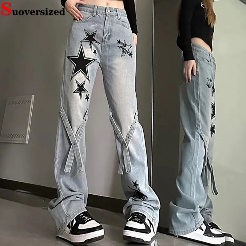 

Y2k High Waist Baggy Flare Jeans Women Vintage Star Print Stretch Denim Pants Korean Design Streetwear Vaqueros New Kot Pantolon