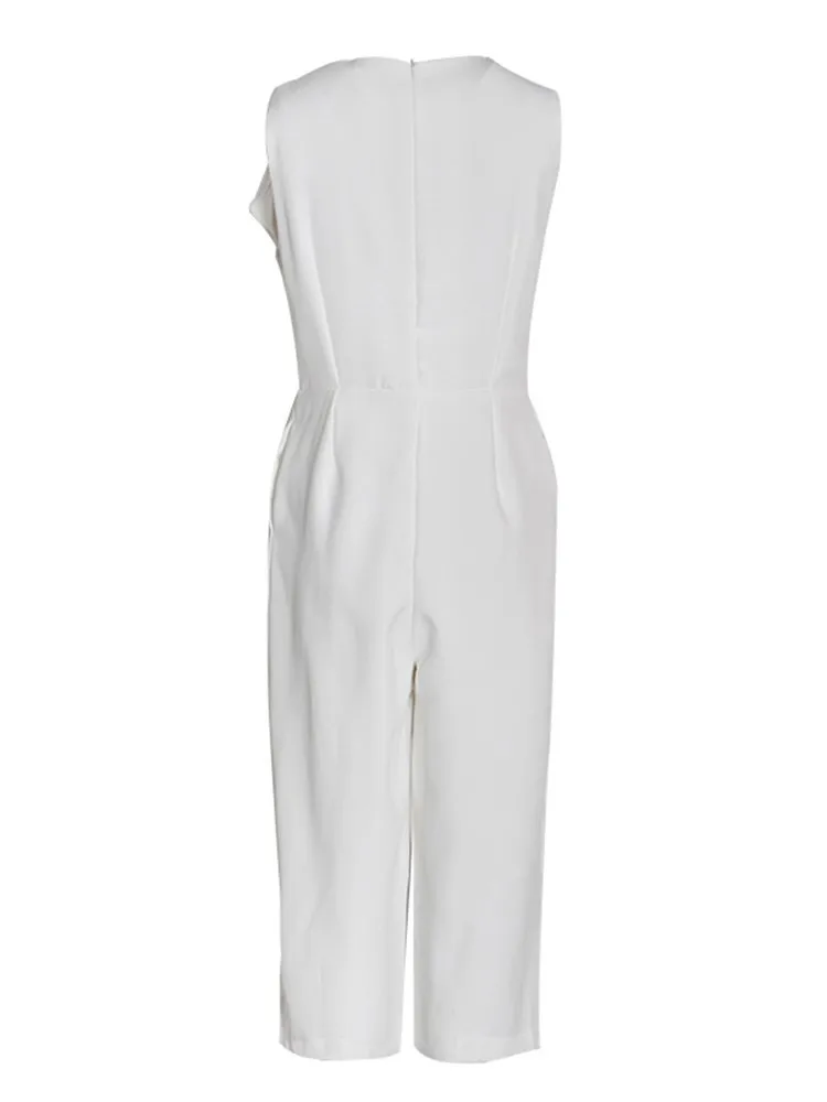 BPN Minimalist Solid Playsuit For Women Round Neck Sleeveless High Waist Casual Loose Wide Leg Playsuits Female Fashion Clothing
