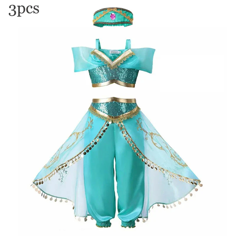 thumbnail image 1 of Disfraz de princesa Jasmine de Disney para niños y niñas, 3 piezas, vestido de Cosplay de Halloween, Elena, sirenita, fantasía, fiesta de Carnaval, 1 of 5