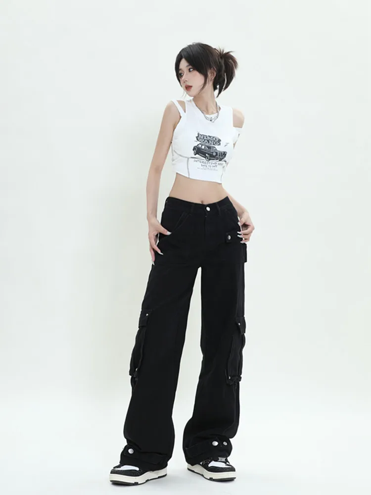 

American Street Vintage Black Straight Jeans For women's High Waist Cowboy Full Length Loose Cargo Wide Leg Pants 2023 New