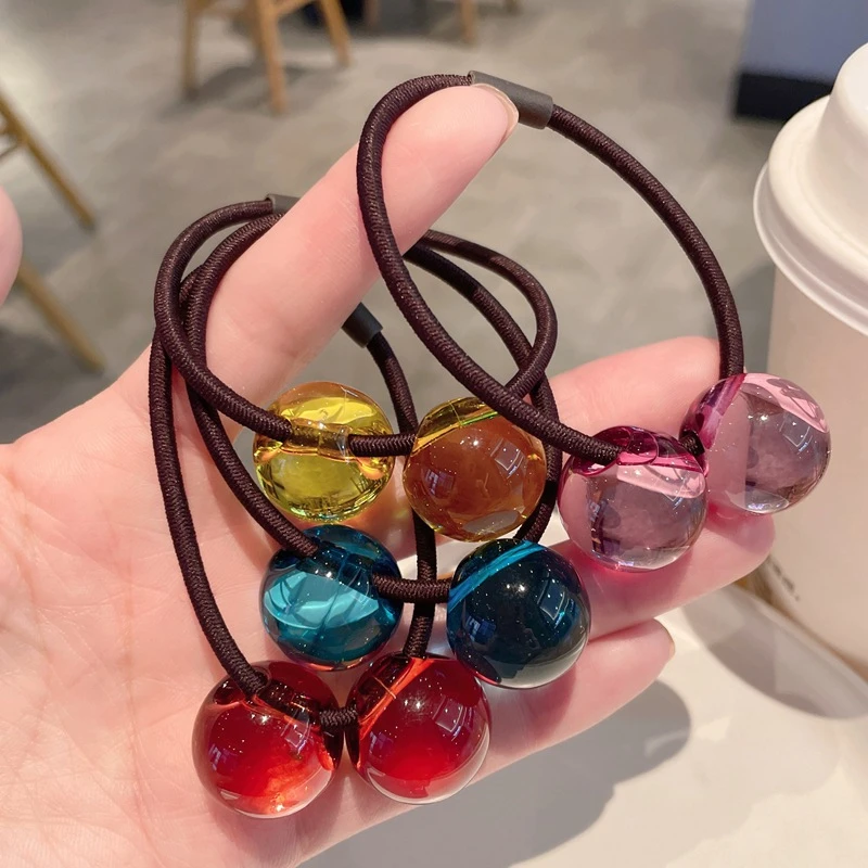 Fashion Jelly Color Girls Acrylic Big Beads Ball Elastic Hair Bands