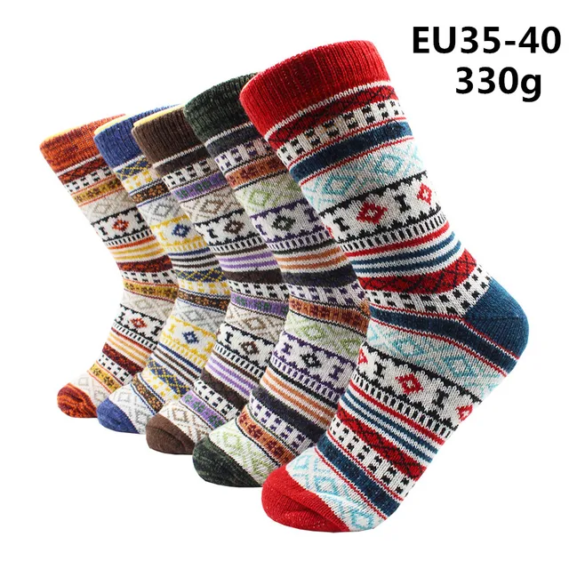 5 Pairs Winter Warmer Women Thicken Thermal Wool Cashmere Snow Socks Fashion Casual Euramerican National Wool Socks for Women 5 Pairs -YM018