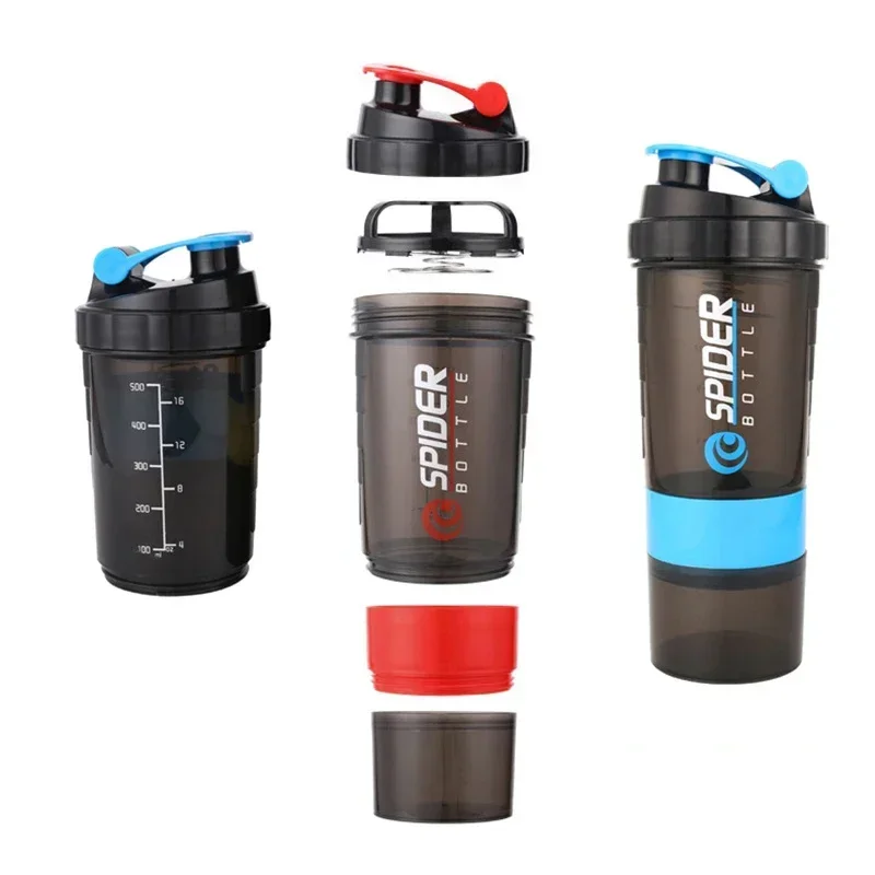 3 Layer Shaker Bottle Protein Mixing Sports Fitness Water Cup 550ml Scaled Plastic with Medicine Box