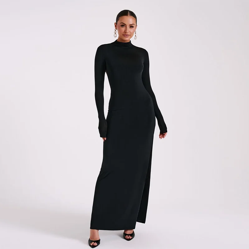 Elegant Basic Long Sleeve Solid Hole Backless Slit Split Women'S Dresses Party Club Evening Wholesale Winter Clothes
