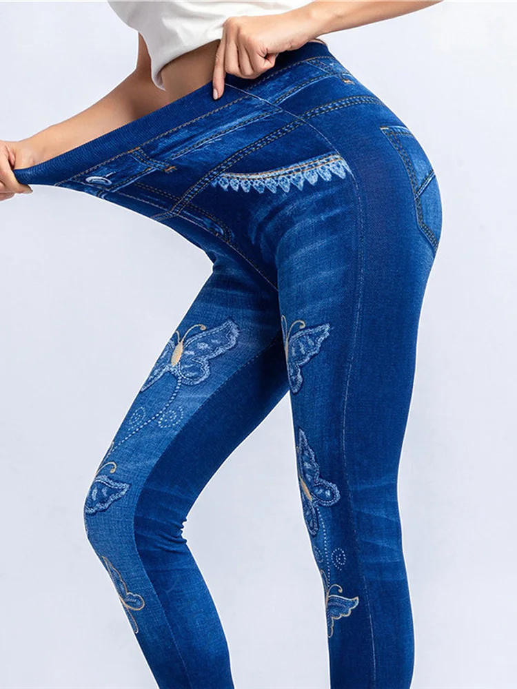 

YSDNCHI High Waist Push Up Butterfly Imitation Jeans Seamless Leggings Print Skinny Women Jeggings Mujer Sexy Pants Hot Sale
