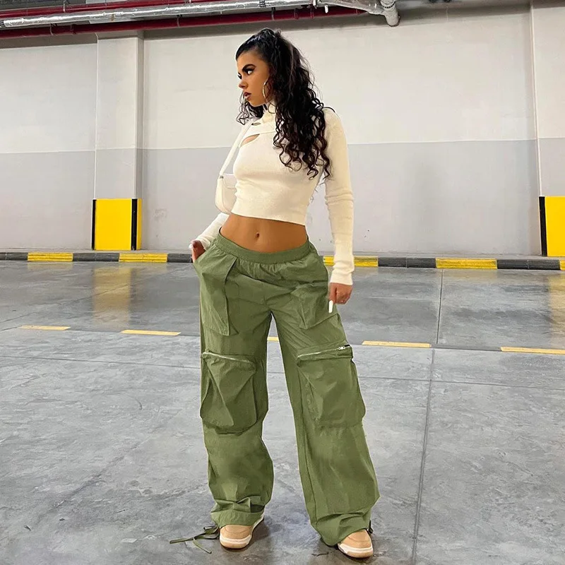 

Fashion Women Loose Cargo Pants Casual Solid Color Straight Leg Joggers Casual Trousers with Multiple Pockets for Streetwear