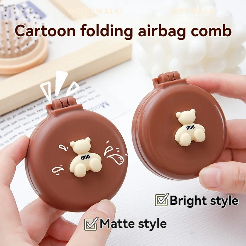Cute Cartoon Little Bear Folding Comb For Little Girls Portable Mini Air Cushion Comb Massage Small Mirror Integrated