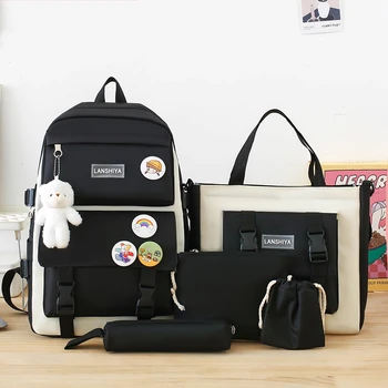 5pcs Backpack Kit Female Fashion Lady High Capacity Waterproof College Trendy Girls Laptop School Bags Cute Girl Travel Book Bag 1
