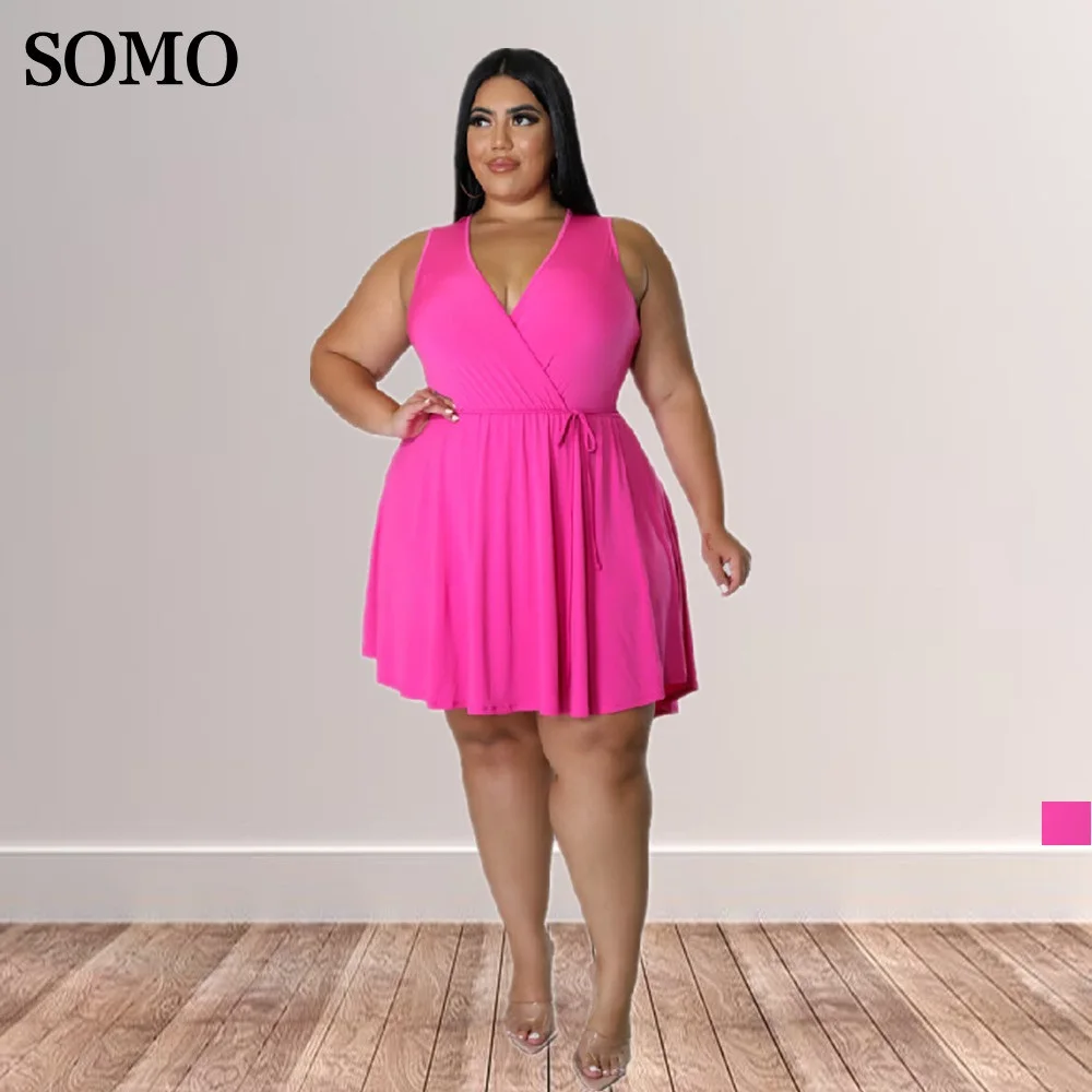 

Casual All-match Women Dresses Pleated Plus Size Sweet Pink Sleeveless Tank Dress Mini Length V Neck Sexy Wholesale Dropshipping