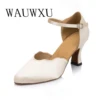 NATASHA2023 Women's Adult Medium Heel 7.0 Off White Satin Friendship Dance Soft Sole Dance Shoes 1