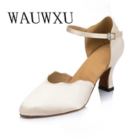 NATASHA2023 Women's Adult Medium Heel 7.0 Off White Satin Friendship Dance Soft Sole Dance Shoes 1