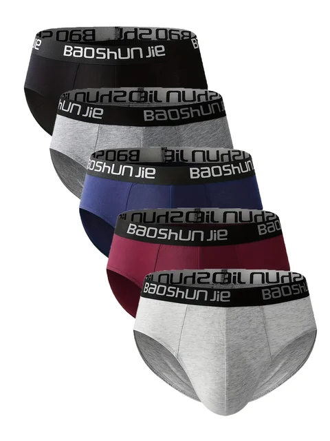 Lot de 5 slips en pur coton pour hommes – Ceinture BAOSHUNJIE, sous-vêtements multicolores, doux et respirants pour un confort quotidien 1