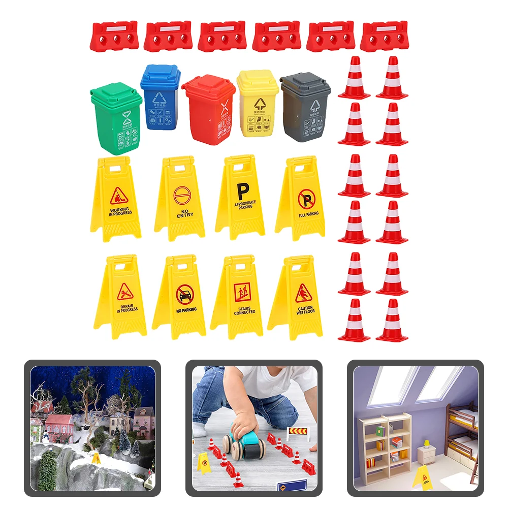 Traffic Signs Toy Road Toys Mini Sign Street Kids Cones Can Trash Playset Construction Garbage Roadblock Miniature Cone Play