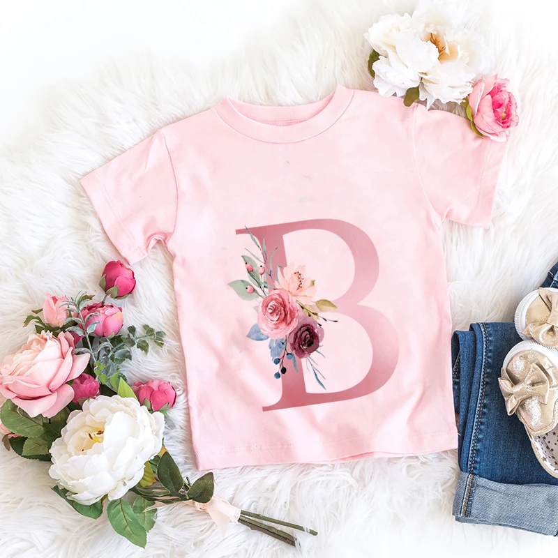 Pink New Flower Letter A B C D Children T-shirt Kawaii T Shirt Anime Cartoons Casual Clothes Kid Girl Boy Short Sleeve Top Tee 3