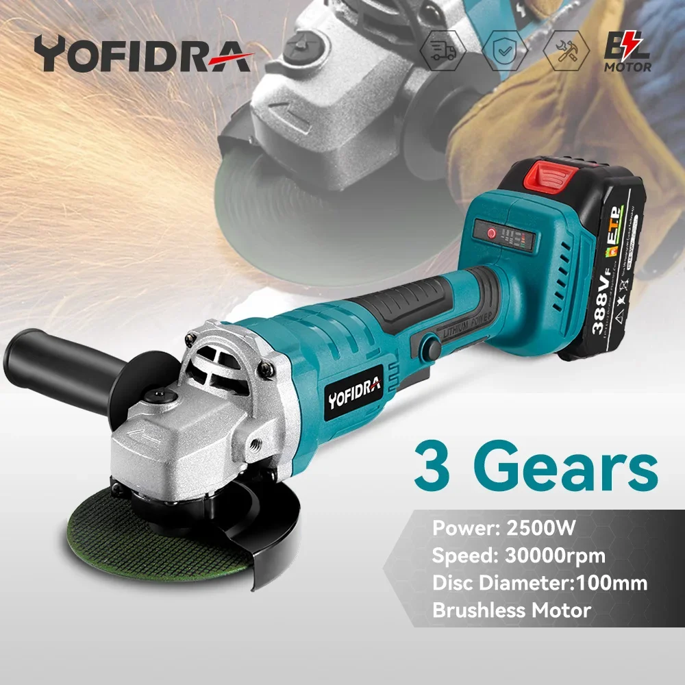 Yofidra 2500W 100mm Brushless Angle Grinder 3 Gears Cordless Cutting Polishing Woodworking Power Tool For Makita 18V Battery