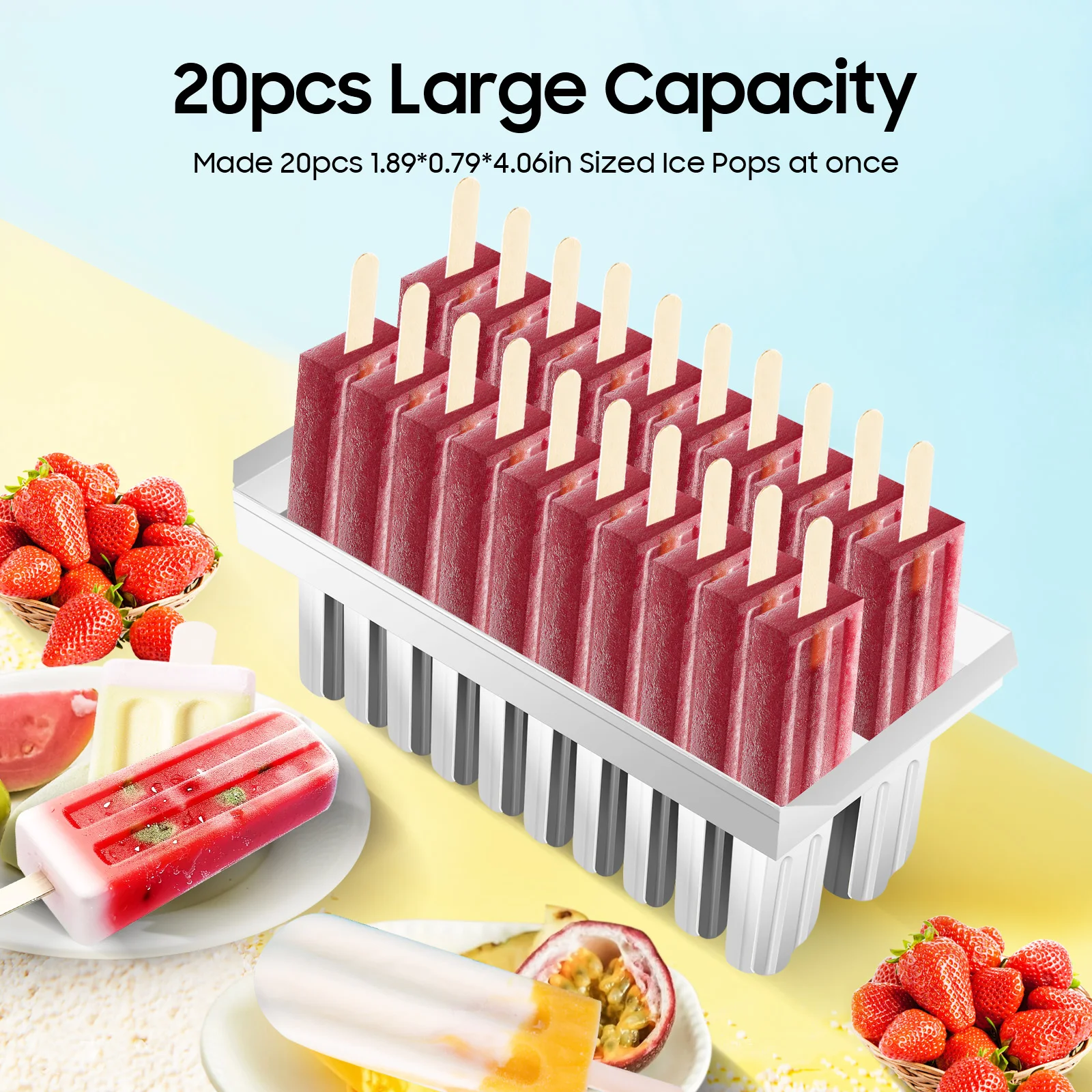 20PCS Stainless Steel Popsicle Mold, 85g/0.19lbs Each Mold Capacity, Round Headed Double Groove Ice Pop Molds