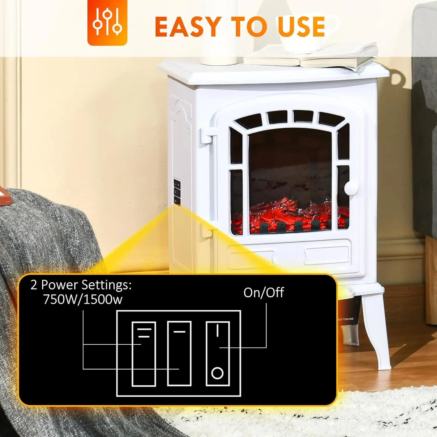 22" Free Standing Electric Fireplace Stove Fire Place Heater with Realistic Flame Effect Overheat Safety Protection 750W / 1500W 4