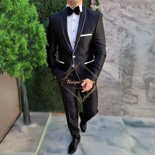 Premium Men's Formal Suit 2-piece White Satin binding Black Blazer Pants Tailored Fit for Wedding Dating Prom Ceremony Party - Image 3