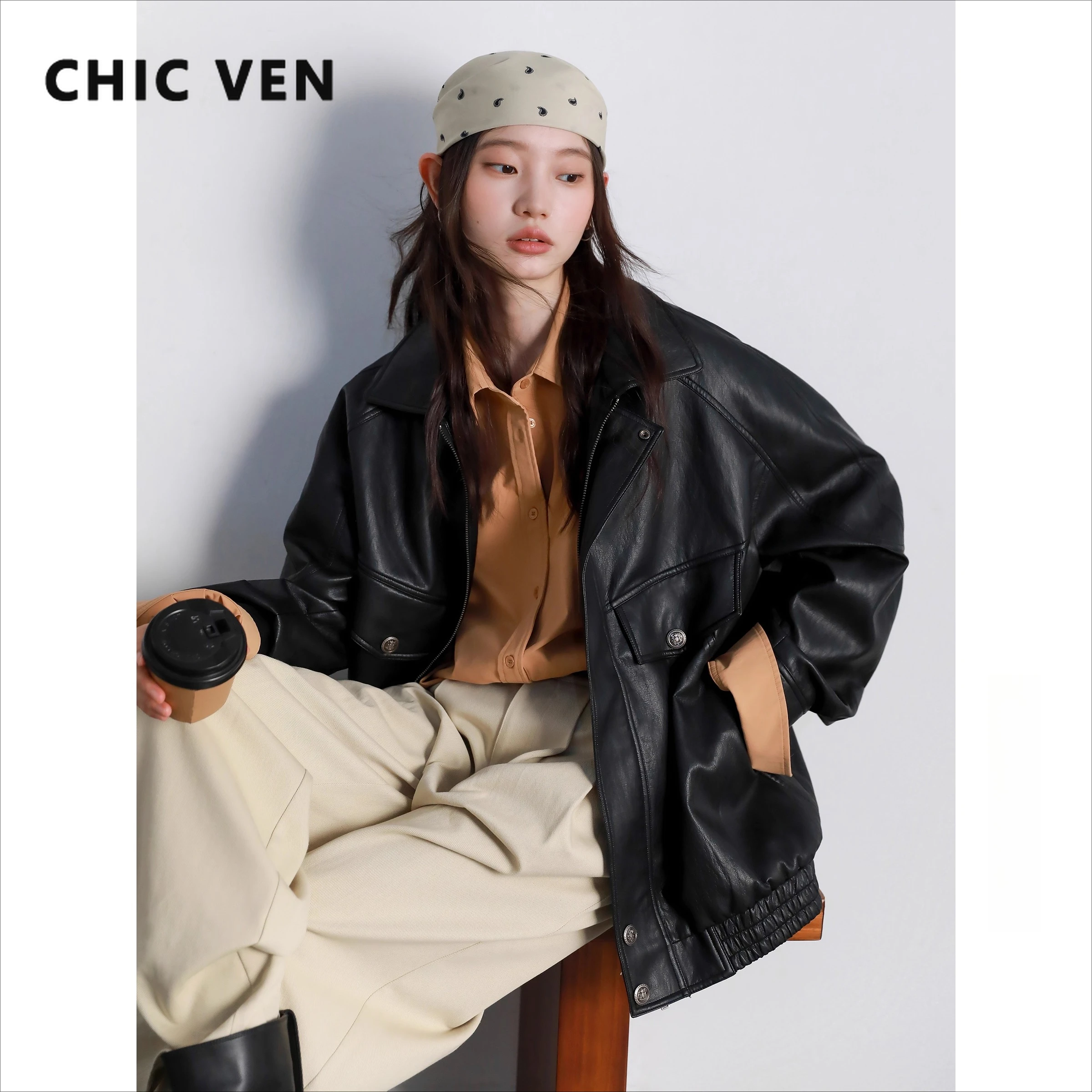 CHIC VEN – vestes en Faux cuir pour femmes, ample, décontractée, solide, rétro, manteau en cuir PU, moto, Streetwear, automne hiver 2025