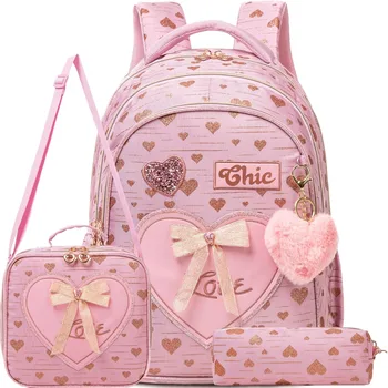 3PCS Girls School Backpack Set with Lunch Tote and Pencil Case Lightweight Elementary Bookbag for Kids Back To School Mochila 1