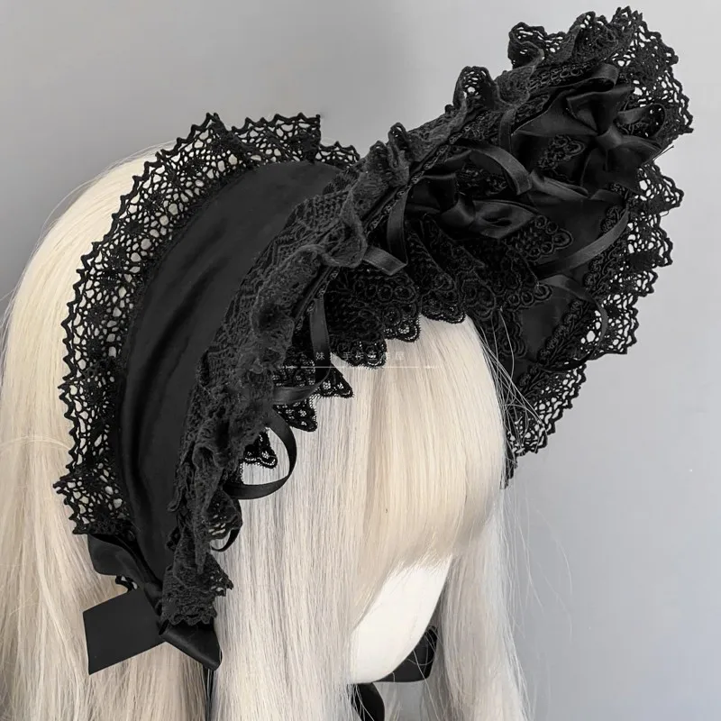 

Maid Hat Lolita Bonnet Cap Lace Black Gothic Vintage Girl Young