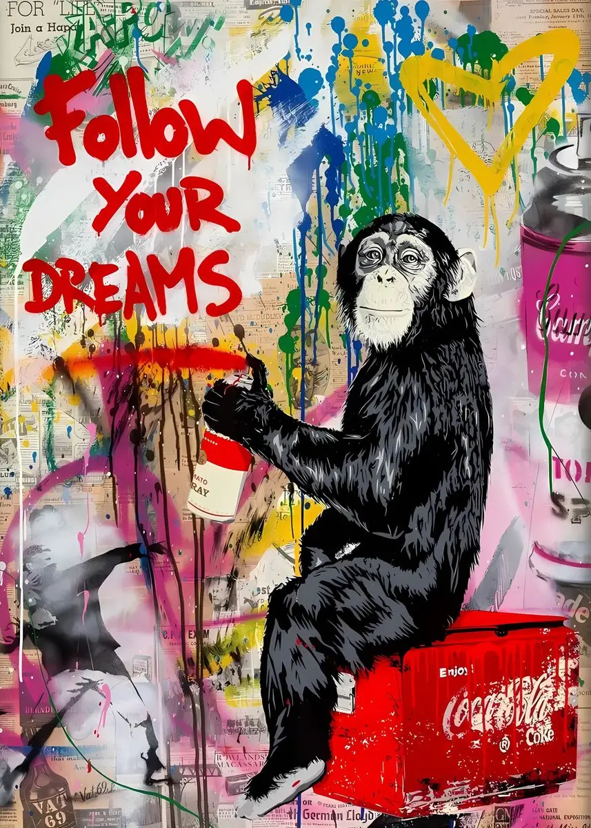 Street Graffiti Canvas Wall Art: Balloon Girl & Playful Monkey Poster