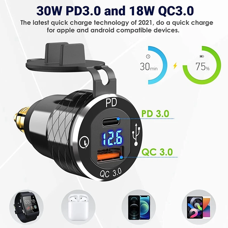 Фото Быстрое зарядное устройство PD 3.0 Type C USB разъем Din к USB и 18 Вт QC 3.0 розетка с вольтметром для мотоцикла Ducati BMW 12-24 В №5