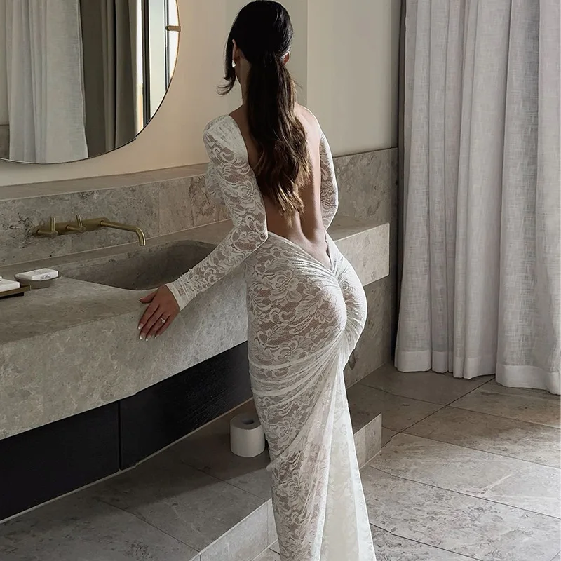 White Lace Backless Long Dress For Women See-Through High Waist Printed Slim Solid Hollow Out Dress Women's Party Dress