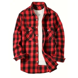 Men's Classic Plaid Flannel Shirt - Smart Casual Long Sleeve Shirt with Dual Chest Pocket Design - XXXL (Red)