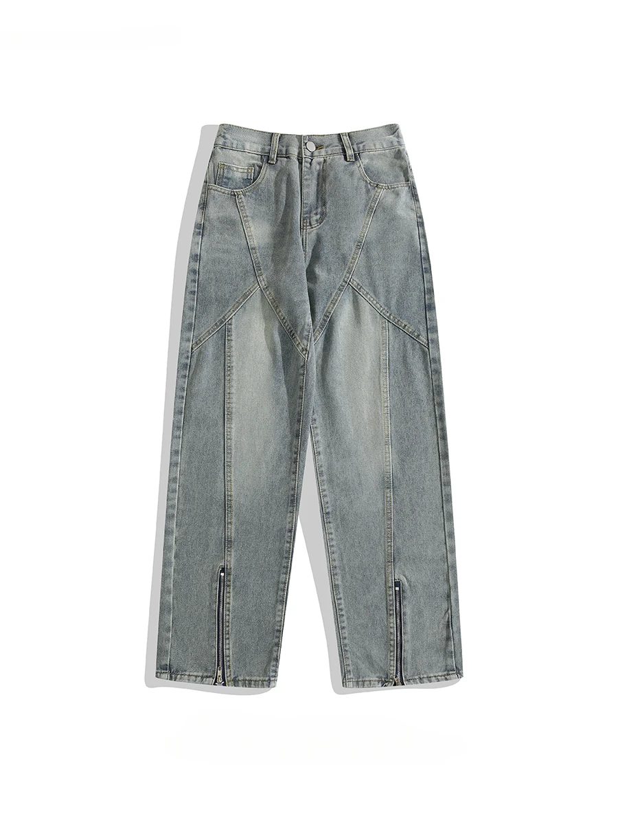 

Trendy Brand Washed Collection Top-stitched Half-zip Slit Jeans Men's High Street Semi-elastic Waist Hip Hop Casual Denim Pants