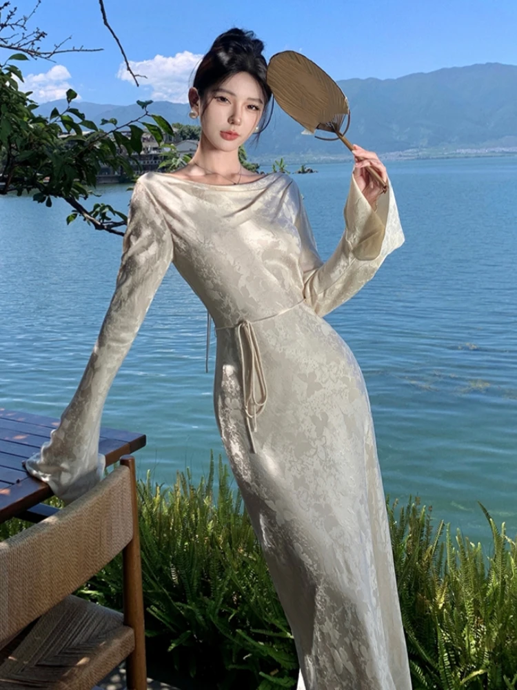 French Vintage Evening Dresses for Women Autumn Bodycon Wedding Prom Robe Flare Sleeve Swinging Collar Midi Vestidos Mujer New