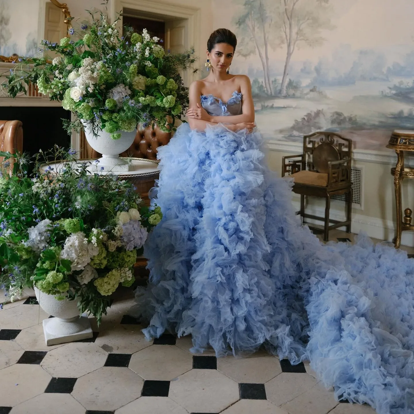 

Fairytale Blue Fluffy Tiered Tulle Bridal Dresses With Long Train Lush Tutu Tulle Long Maxi Gowns 3D Flower Women Fomral Dress