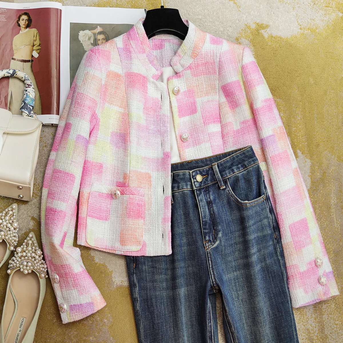 

ALSEY Fashion Korean Style Luxury Colorblock Short Jacket Coat Women Fashion Buttons Autumn 2023 New Elegant Temperament Blouse