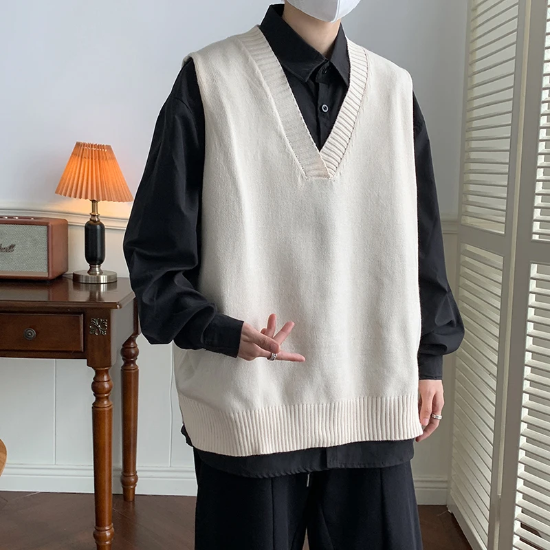 2023 Sweater Vest Men All-match V-neck Solid Color Sleeveless Male Tops Basic Cozy Korean Style Leisure Knitted Size G64