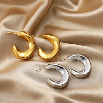 Vintage Gold Plated Stainless Steel Twisted Geometric Hoop Earrings for Women Chunky C Shape Statement Huggie Earrings Studs
