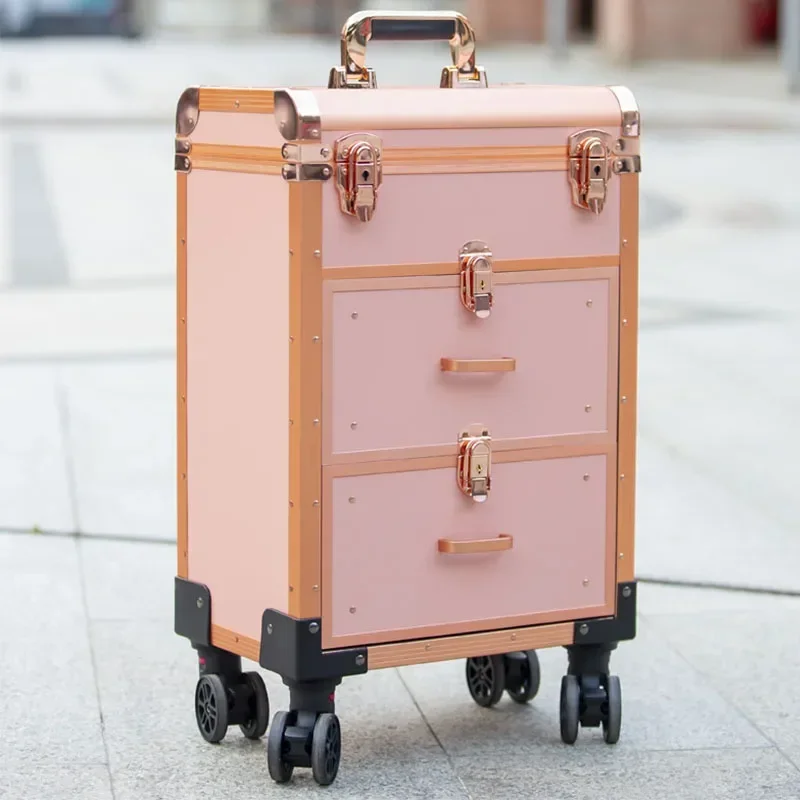 Professional 220V Aluminum Alloy Makeup Box Trolley with Large-Capacity Lock for