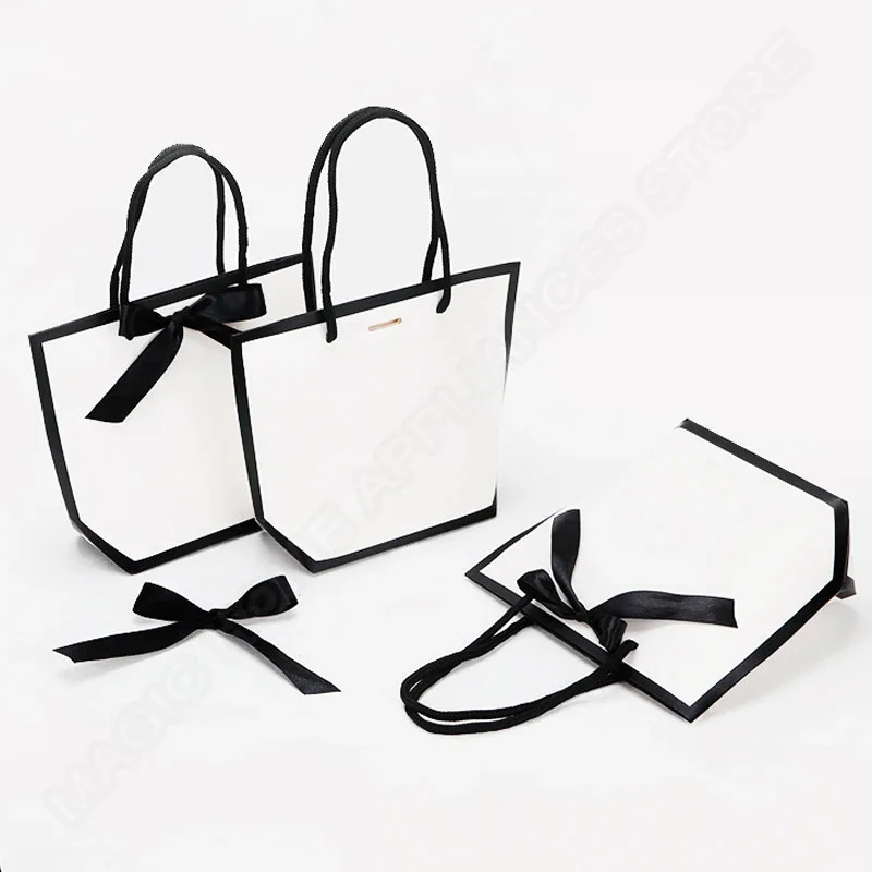 50pcs Ribbon Bow White Paper Tote Gift Bags with Handles Shopping Party Wedding Party Birthday Retail Bags